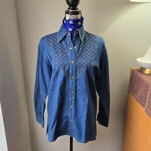 Vintage Western Style Denim Shirt - Embroidered Yoke